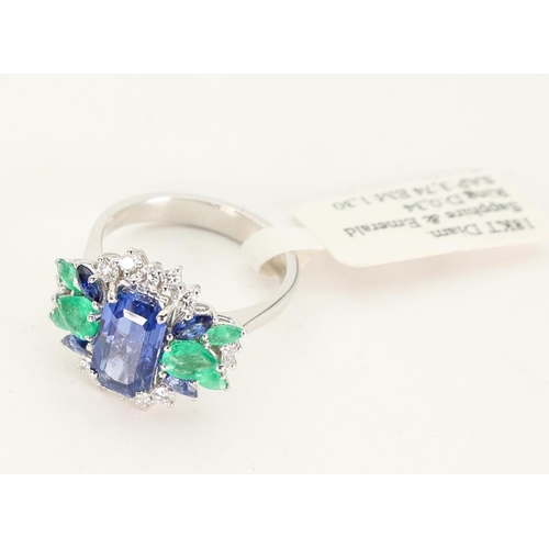 605 - Sapphire and Emerald Diamond Set Ladies Ring Mounted on 18 Carat White Gold Ring Size P