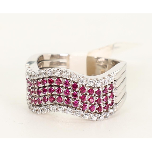 610 - Ruby and Diamond Ladies 18 Carat White Gold Ring Modernist Form Five Row Setting Ring Size O