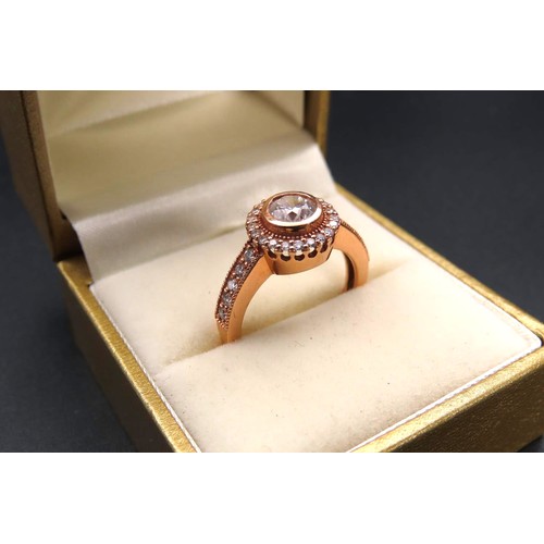 1 Carat Diamond Solitaire Ring Mounted on 18 Carat Gold Band Attractively Detailed with Further Diamond Decoration to Surround and Shoulders Ring Size M and a Half