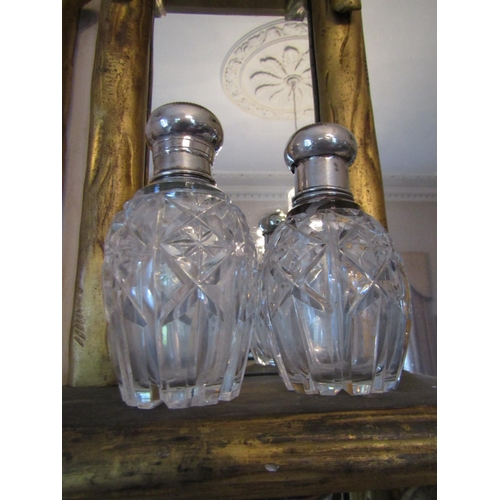 Pair of Silver Mounted Desk Jars Cut Crystal Each Approximately 6 Inches High