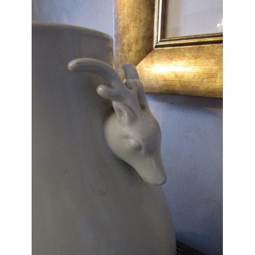 61 - Unusual Oriental Shaped Form Pale Cream Glaze Vase Deer Motif Side Decoration Approximately 12 Inche... 