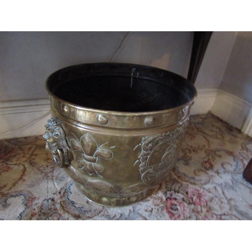 64 - Large Georgian Brass Jardiniere or Fuel Container with Lion Motif Side Carry Handles Approximately 1... 