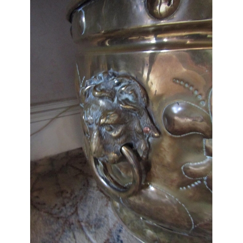 64 - Large Georgian Brass Jardiniere or Fuel Container with Lion Motif Side Carry Handles Approximately 1... 