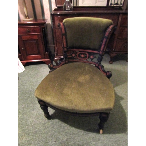 Victorian Marquetry Decorated Chair with Green Velvet Upholstery Well Carved and Turned Supports Marquetry Decoration to Back Rest