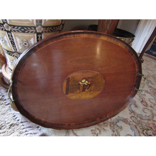 68 - Antique Serving Tray Mahogany with Marquetry Decoration Brass Side Carry Handles Full Gallery Approx... 