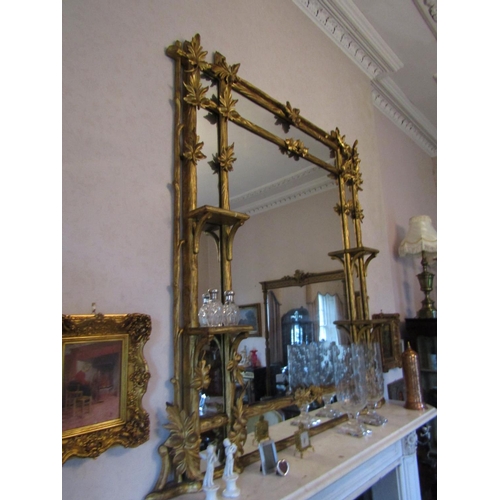 75 - Antique Gilded Overmantle Mirror with Twin Shelves to Either Side Finely Detailed Applied Leaf Motif... 