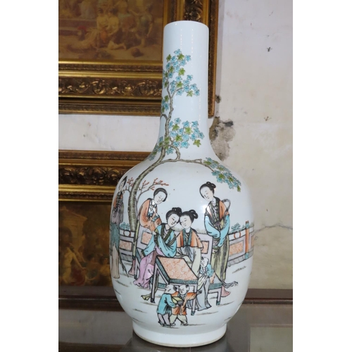 Oriental Slenderneck Vase Decorated with Court Scene Approximately 9 Inches High Signed with Characters to Base