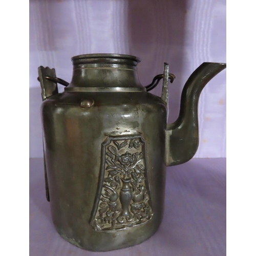 Bronze Eastern Teapot with Incised Detailing Approximately 6 Inches High Signed with Characters to Base