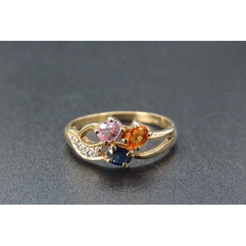 13 - Pink Sapphire, Blue Sapphire and Citrine Set Ladies Three Stone Ring Mounted on 9 Carat Yellow Gold ... 