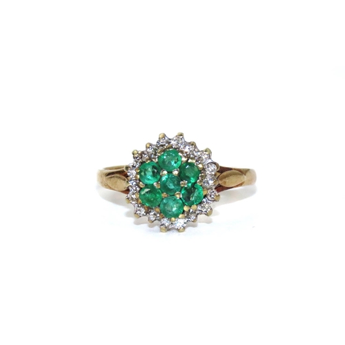 42 - Emerald and Diamond Ladies Cluster Ring Mounted on 9 Carat Yellow Gold Band Ring Size K