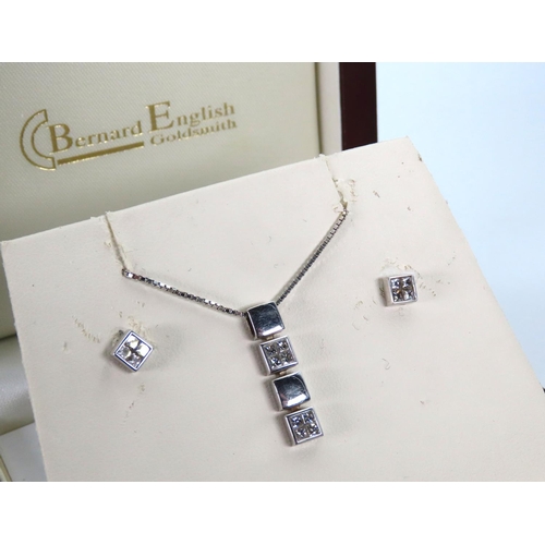 51 - 18 Carat White Gold Set Ladies Pendant Necklace Princess Cut Diamonds with Matching Pair of Diamond ... 