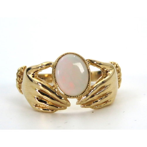 53 - 18 Carat Yellow Gold Opal Set Ladies Ring with Hand Motif to Band Ring Size R