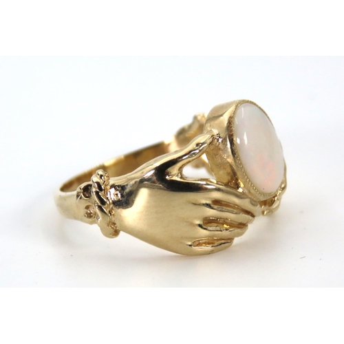 53 - 18 Carat Yellow Gold Opal Set Ladies Ring with Hand Motif to Band Ring Size R