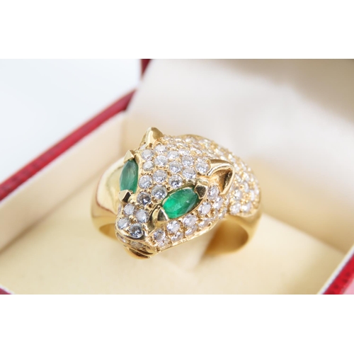 103 - Panther Motif Ladies Ring 18 Carat Yellow Gold Emerald Set Eyes Diamonds to Head Ring Size O and a H... 