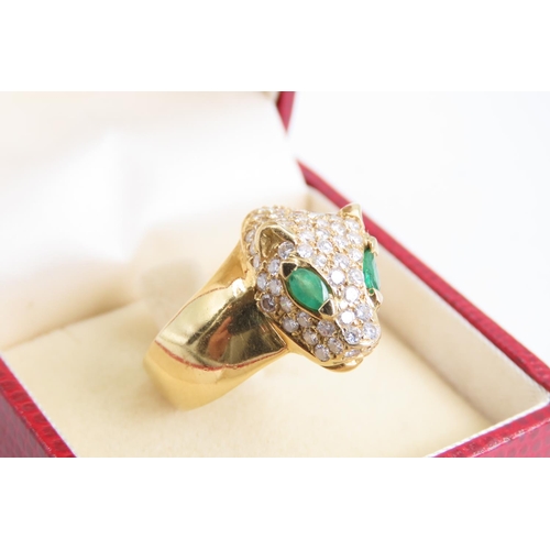 103 - Panther Motif Ladies Ring 18 Carat Yellow Gold Emerald Set Eyes Diamonds to Head Ring Size O and a H... 