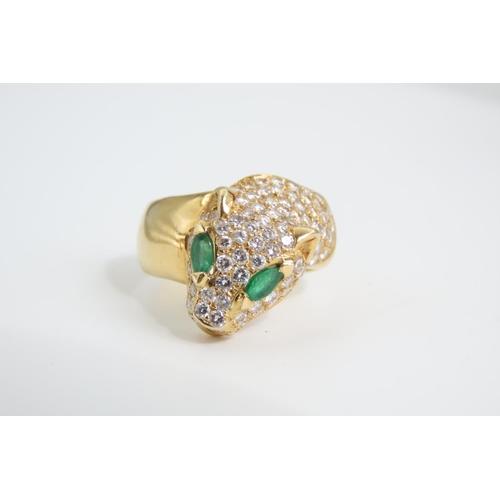 103 - Panther Motif Ladies Ring 18 Carat Yellow Gold Emerald Set Eyes Diamonds to Head Ring Size O and a H... 