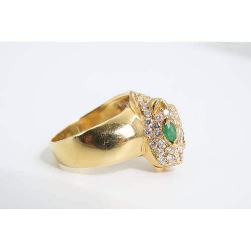 103 - Panther Motif Ladies Ring 18 Carat Yellow Gold Emerald Set Eyes Diamonds to Head Ring Size O and a H... 