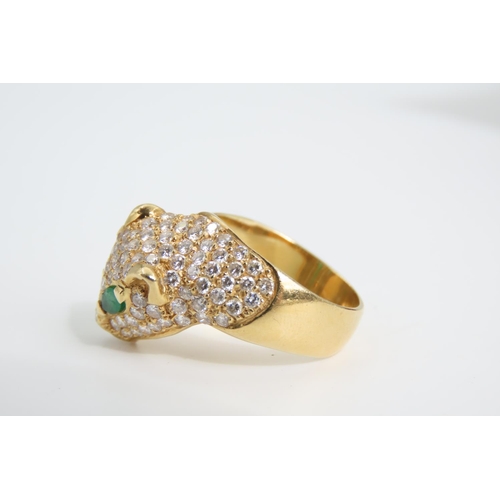 103 - Panther Motif Ladies Ring 18 Carat Yellow Gold Emerald Set Eyes Diamonds to Head Ring Size O and a H... 