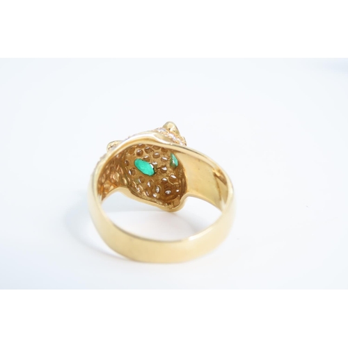 103 - Panther Motif Ladies Ring 18 Carat Yellow Gold Emerald Set Eyes Diamonds to Head Ring Size O and a H... 