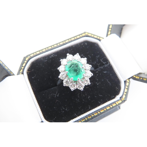 105 - Emerald and Diamond Ladies Cluster Ring Mounted on 18 Carat White Gold Band Ring Size Q