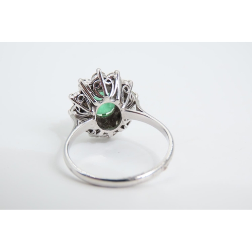 105 - Emerald and Diamond Ladies Cluster Ring Mounted on 18 Carat White Gold Band Ring Size Q