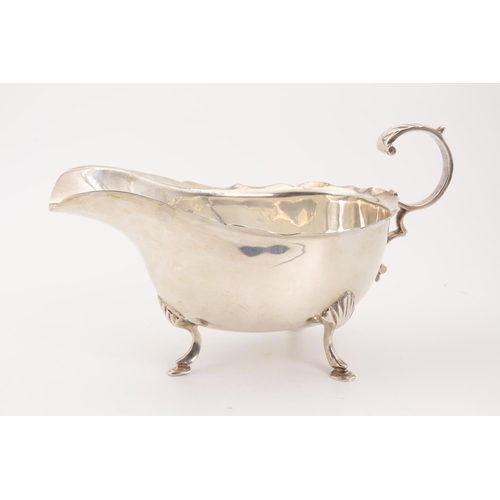 Silver Sauce Boat Flying C Scroll Handle above Shaped Supports 13cm Wide x 8cm High
