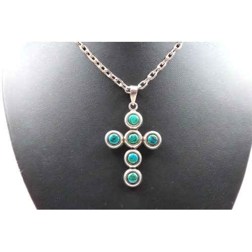 614 - Gemset Crucifix Form Pendant Necklace Attractively Detailed Collet Set Mounted on Silver Chain