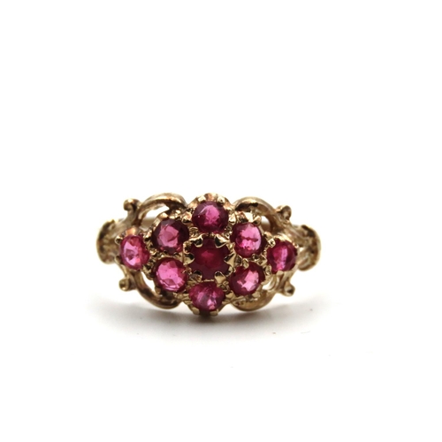 66 - Ruby Set Ladies 9 Carat Yellow Gold Cluster Ring Size O and a Half