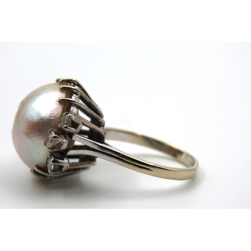 81 - Antique 18 Carat White Gold Mounted Pearl Mabe Set Ring with Diamond Decoration to Shoulders Ring Si... 