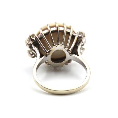 81 - Antique 18 Carat White Gold Mounted Pearl Mabe Set Ring with Diamond Decoration to Shoulders Ring Si... 