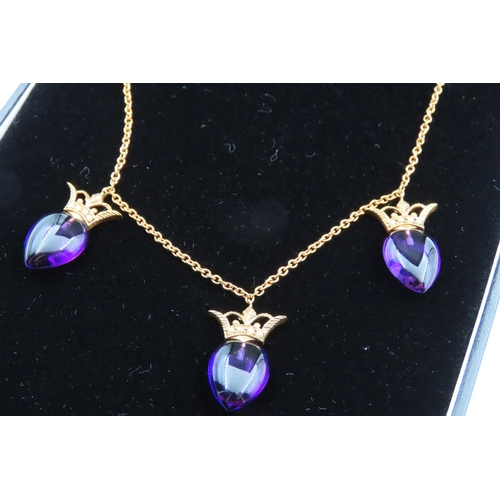 82 - 18 Carat Yellow Gold Amethyst Three Stone Drop Ladies Necklace with Coronet Decoration to Stones Att... 