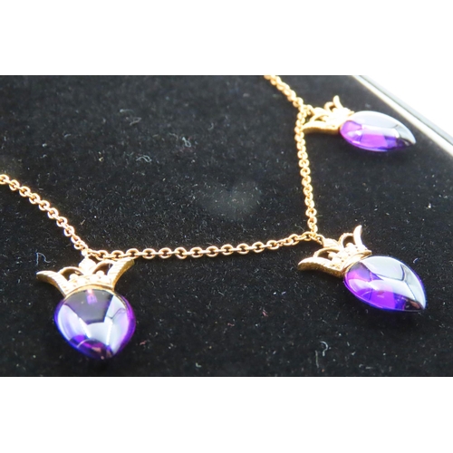 82 - 18 Carat Yellow Gold Amethyst Three Stone Drop Ladies Necklace with Coronet Decoration to Stones Att... 