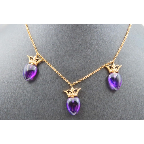 82 - 18 Carat Yellow Gold Amethyst Three Stone Drop Ladies Necklace with Coronet Decoration to Stones Att... 