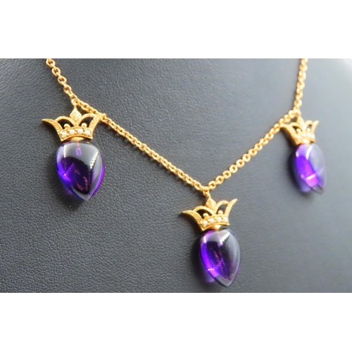 82 - 18 Carat Yellow Gold Amethyst Three Stone Drop Ladies Necklace with Coronet Decoration to Stones Att... 