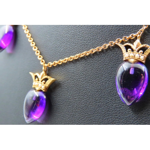 82 - 18 Carat Yellow Gold Amethyst Three Stone Drop Ladies Necklace with Coronet Decoration to Stones Att... 