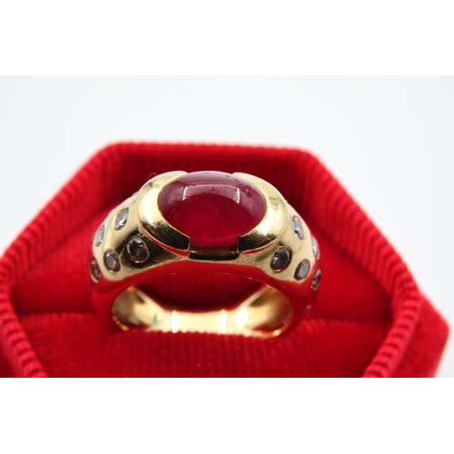 83 - Oval Ruby Centre Stone Ring Mounted on 18 Carat Yellow Gold Band with Further Diamond Decorated Shou... 