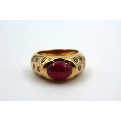 83 - Oval Ruby Centre Stone Ring Mounted on 18 Carat Yellow Gold Band with Further Diamond Decorated Shou... 