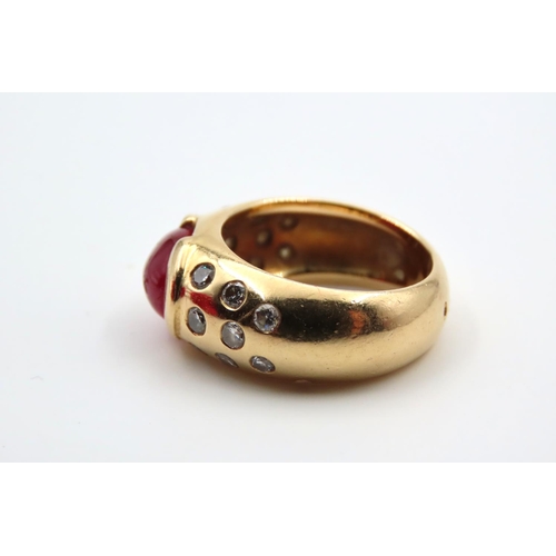 83 - Oval Ruby Centre Stone Ring Mounted on 18 Carat Yellow Gold Band with Further Diamond Decorated Shou... 