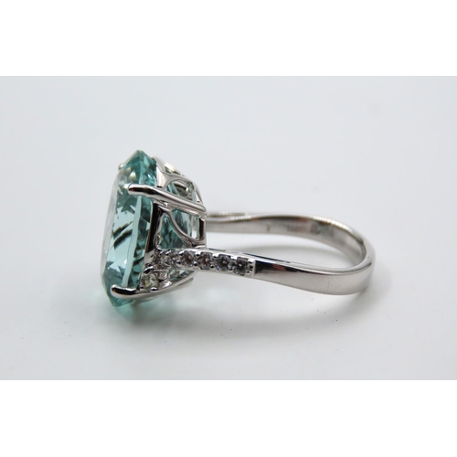 88 - 18 Carat White Gold Mounted Aquamarine Ladies Oval Cut Centre Stone Ring with Further Diamond Decora... 