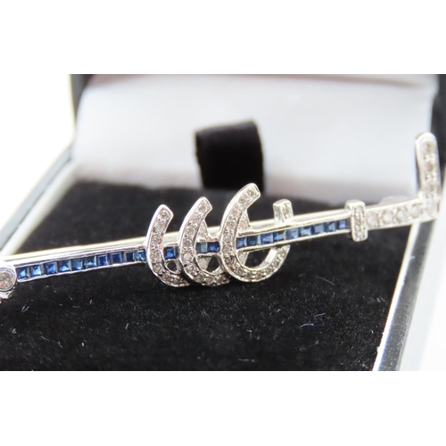 90 - 18 Carat White Gold Set Diamond and Sapphire Ladies Hunting Brooch or Stock Pin Lucky Horse Shoe Mot... 