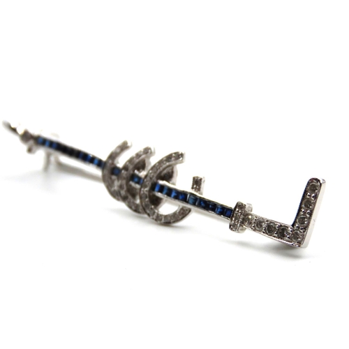 90 - 18 Carat White Gold Set Diamond and Sapphire Ladies Hunting Brooch or Stock Pin Lucky Horse Shoe Mot... 