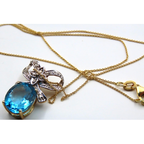 93 - 9 Carat Gold Set Blue Topaz and Diamond Ribbon Motif Pendant Necklace Mounted on 9 Carat Yellow Gold... 