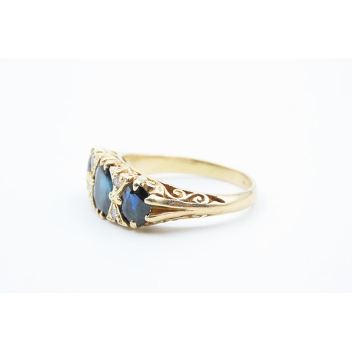 31 - Edwardian Three Stone Sapphire and Diamond Ladies Ring Mounted on 18 Carat Yellow Gold Band Three La... 