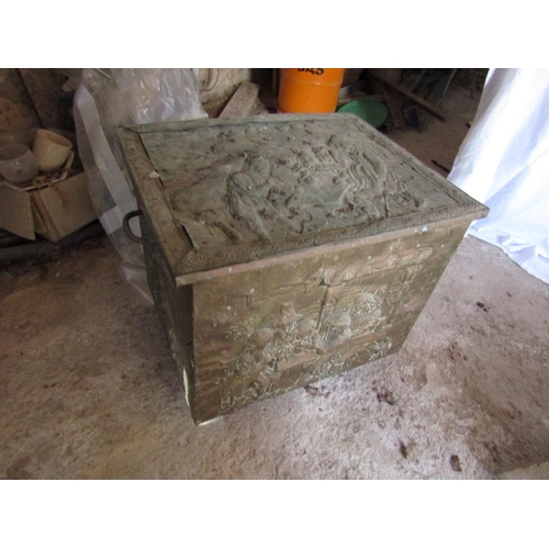11 - Antique Brass Fuel Box Embossed Decoration Side Carry Handles Approximately 22 Inches Wide