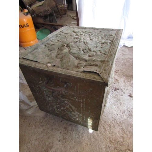 11 - Antique Brass Fuel Box Embossed Decoration Side Carry Handles Approximately 22 Inches Wide