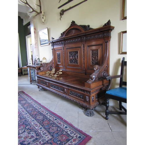 31 - Antique Walnut Hall Bench of Imposing Proportion Well Carved Griffin Side Decoration with Inset Armo... 
