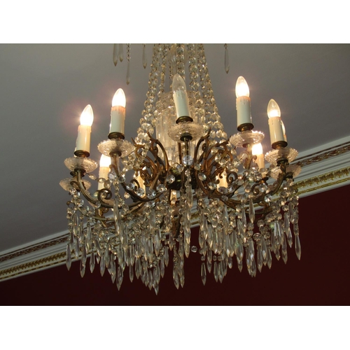 346 - Antique Cut Crystal Chandelier Attractively Detailed Working Order Ceiling Drop Approximately 3ft