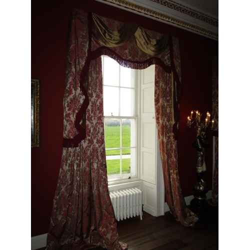 361 - Pair of Silk Damask Lined Curtains with Swag Motif Decorated Pelmet Approximately 9ft High x 7ft Wid... 