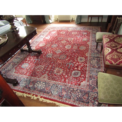 Persian Pure Wool Rug Burgundy and Navy Ground Central with Border Decoration Approximately 9ft 6 Inches Long x 7ft 6 Inches Wide