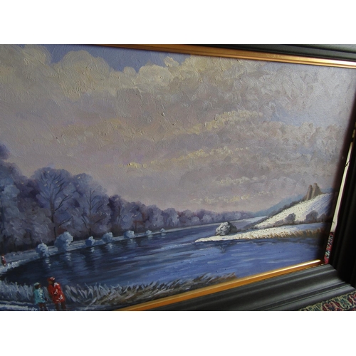 641 - Seamus Smyth Along the Boyne Winter Time Oil on Canvas Signed Lower Left Contained within Ebonised F... 